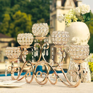 5-Arm Metal Candelabra Horizontal Design with Crystal Goblets Gold - Table Centerpiece for Events 27"