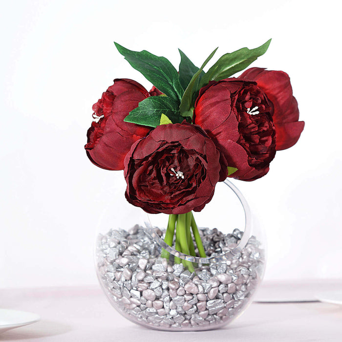 5 Flower Head Burgundy Peony Bouquet | Artificial Silk Peonies Spray