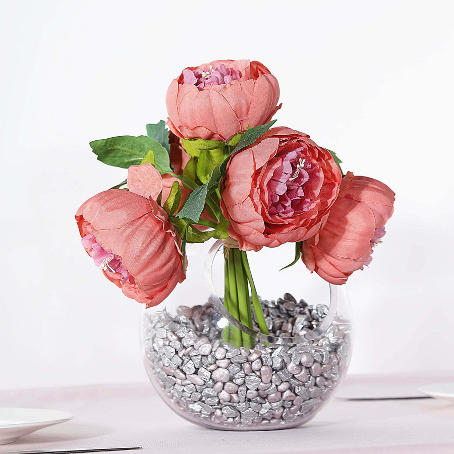 5 Flower Head Dusty Rose Peony Bouquet | Artificial Silk Peonies Spray