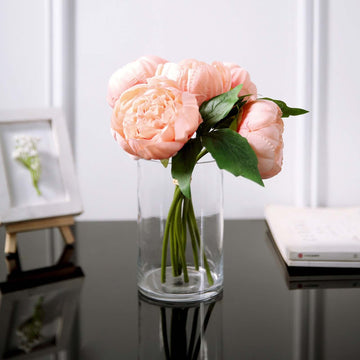 5 Flower Head Peach Peony Bouquet Artificial Silk Peonies Spray