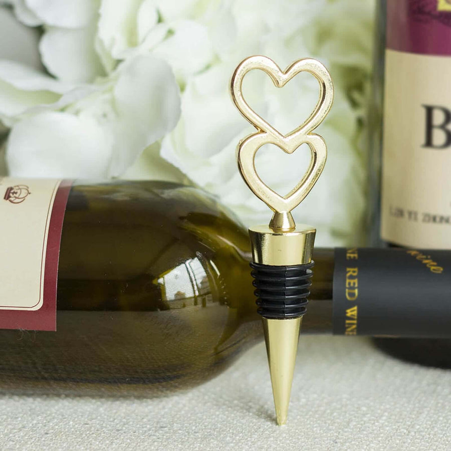 5" Gold Metal Double Heart Wine Bottle Stopper Wedding Party Favors With Velvet Gift Box