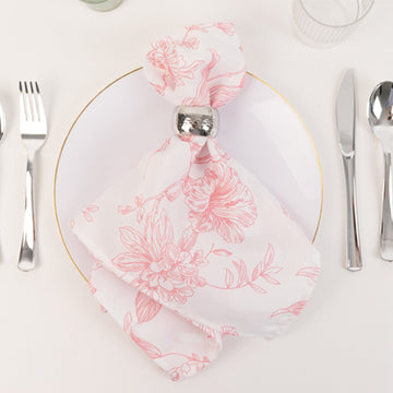 5 Pack 20"x20" Pink French Toile Polyester Cloth Napkins, White Floral Reusable Dinner Table Linens