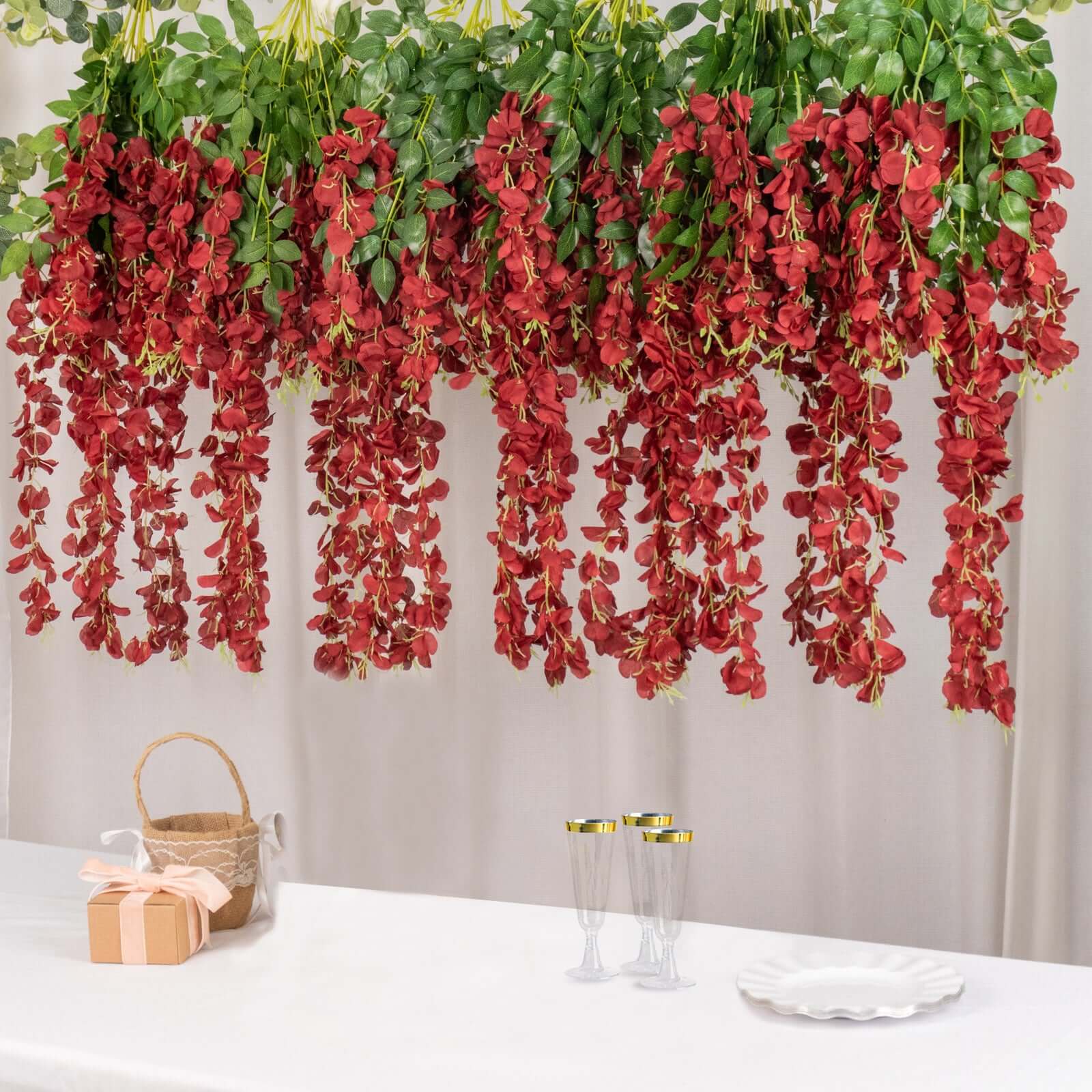 5 Pack 44" Silk Hanging Wisteria Flower Garland Vines in Burgundy, 3 Strands in 1 Bush