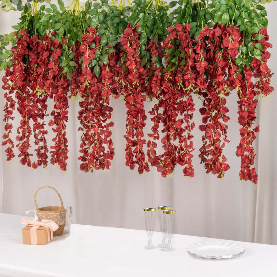 5 Pack | 44inches Burgundy Artificial Silk Hanging Wisteria Flower Vines