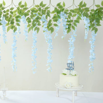 5 Pack 44" Silk Hanging Wisteria Flower Garland Vines in Light Blue, 3 Strands in 1 Bush