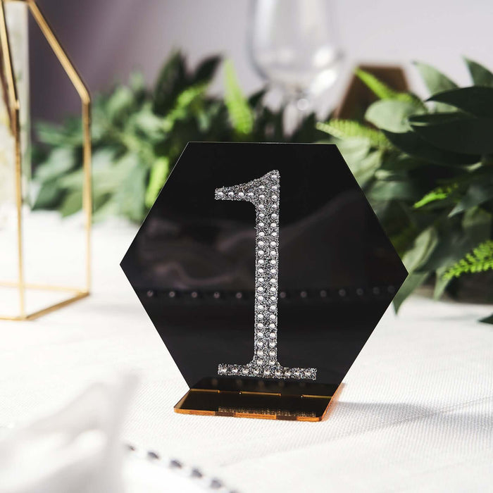 5 Pack | 5inch Black / Gold Acrylic Hexagon Wedding Table Sign Holders, Number Stands