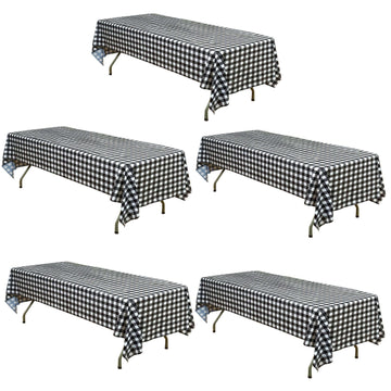 5-Pack Plastic Table Covers Black Checkered Rectangle - Durable PVC Disposable Covers for Events 54"x108"