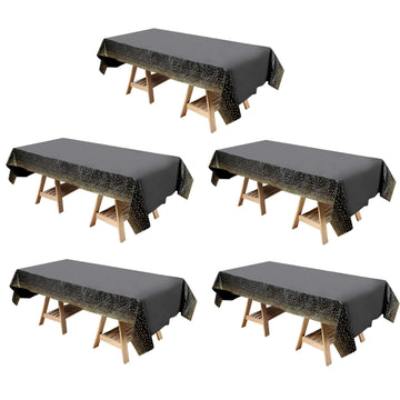 5-Pack Plastic Table Covers Black Rectangle with Gold Confetti Dots - Durable PVC Disposable Tablecloths for Events 54"x108"