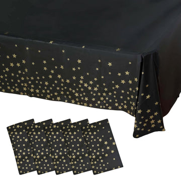 5-Pack Plastic Table Covers Black Rectangle with Gold Stars - Decorative PVC Disposable Tablecloths 54"x108"