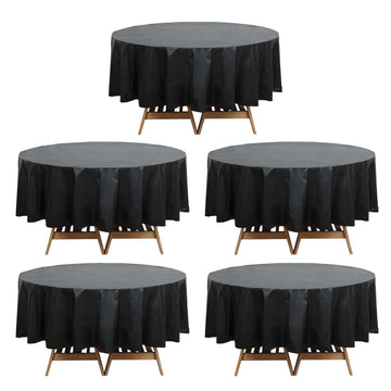 5-Pack Plastic Table Covers Black Round - Durable PVC Disposable Tablecloths for Events 84"