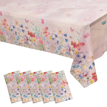 5-Pack Plastic Table Covers Blush Rectangle with Butterfly Floral Print - Decorative PVC Disposable Covers 54"x108"