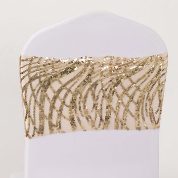 5 Pack Chair Sash Bands with Wave Embroidered Sequins Champagne