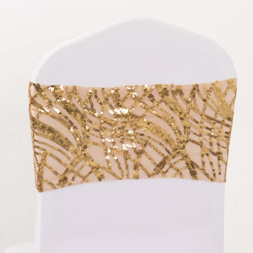 5 Pack Chair Sash Bands with Wave Embroidered Sequins Gold - Gleaming Accent for Weddings & Banquets