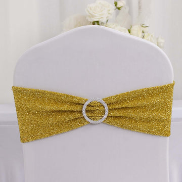 5 Pack Chair Sashes Shimmer Tinsel Spandex 5"x12" with Silver Rhinestone Buckles Gold - Stylish Decor for Weddings