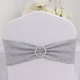 5 Pack Silver Shimmer Tinsel Spandex Stretch Chair Sashes With Round Silver Rhinestone Chair Buckles