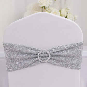 5 Pack Chair Sashes Shimmer Tinsel Spandex 5"x12" with Silver Rhinestone Buckles Silver - Stylish Decor for Weddings