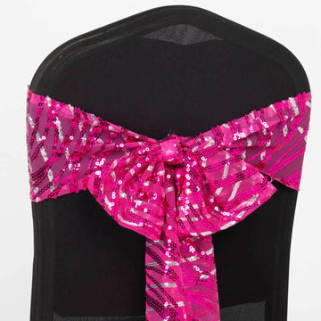 5 Pack Chair Sashes with Wave Embroidered Sequins Fuchsia/Silver 6"x88"