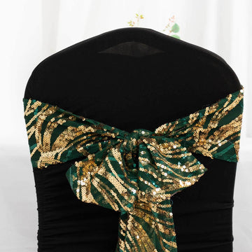 5 Pack Chair Sashes with Wave Embroidered Sequins Hunter Emerald Green/Gold 6"x88"