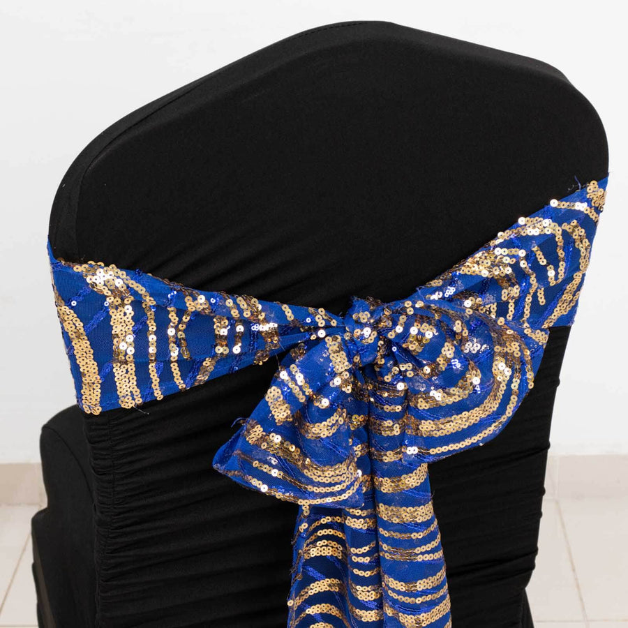 6inch x 88inch Royal Blue Gold Wave Embroidered Sequin Mesh Chair Sashes