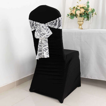 5 Pack Chair Sashes with Wave Embroidered Sequins White/Black 6"x88" - Stylish Glittering Decor for Weddings