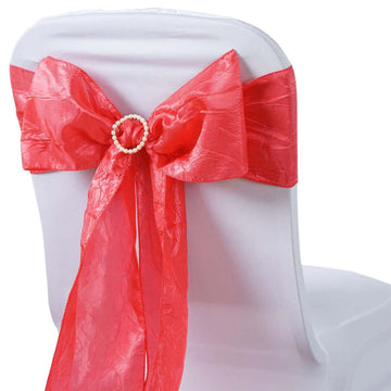 5 Pack Crinkle Taffeta Chair Sashes with Crushed Metallic Finish Coral - Stunning Event Chair Decor 6"x106"