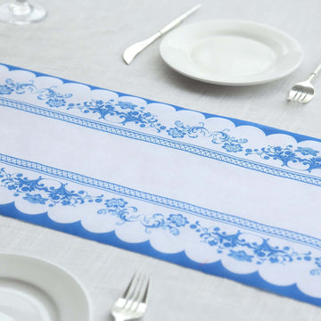 5 Pack Disposable Table Runners 11"x108" White with Blue Ornate Floral Prints - Non-woven Stylish Kitchen Dining Table Decor