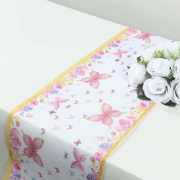 5 Pack Disposable Table Runners 11"x108" White with Pink Butterflies - Non-woven Stylish Spring Summer Dining Decor