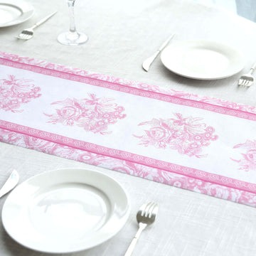 5 Pack Disposable Table Runners 11"x108" White with Pink Floral Pattern - Non-woven Stylish Kitchen Dining Table Decor