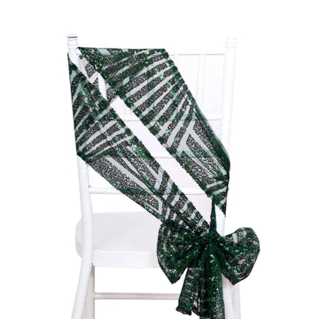 5 Pack Glitz Sequin Chair Sashes with Geometric Diamond Design 6"x88" Hunter Emerald Green