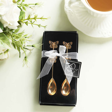 5 Pack Gold Metal Butterfly Handle Dessert Spoons in Clear Top Black Gift Box, Pre-Packed Mini Espresso Coffee Spoons Wedding Souvenir Gift with Thank You Tag and Ribbon - 4"