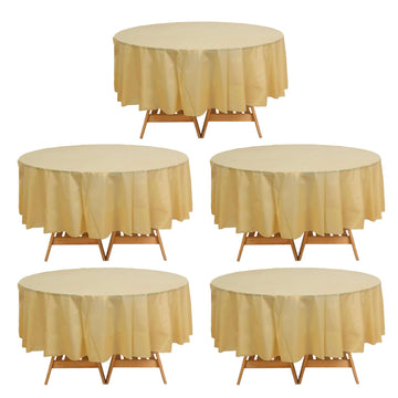 5-Pack Plastic Table Covers Gold Round - Durable PVC Disposable Tablecloths for Events 84"