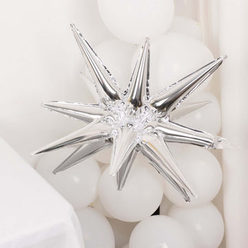 5 Pack Large Metallic Silver 14-Point Starburst Foil Balloons, 27" Fireworks Star Explosion Mylar Party Balloons