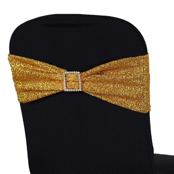 5 Pack Metallic Shimmer Tinsel Spandex Chair Sashes Gold - Durable and Reusable Stretch Chair Bands for Dazzling Event & Party Decor