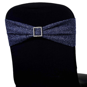 5 Pack Metallic Shimmer Tinsel Spandex Chair Sashes Navy Blue - Durable and Reusable Stretch Chair Bands