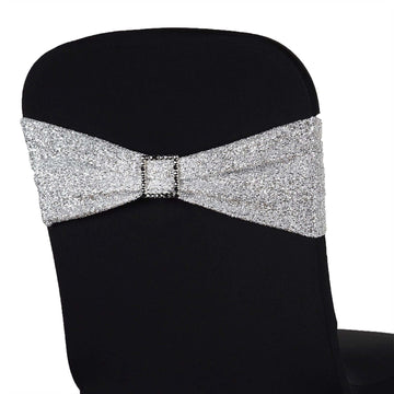 5 Pack Metallic Shimmer Tinsel Spandex Chair Sashes Silver - Durable and Reusable Stretch Chair Bands