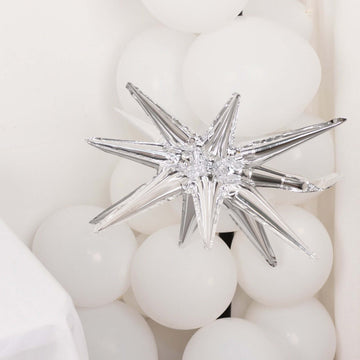 5 Pack Metallic Silver 14-Point Starburst Mylar Foil Balloons, 22" Fireworks Star Explosion Party Balloons