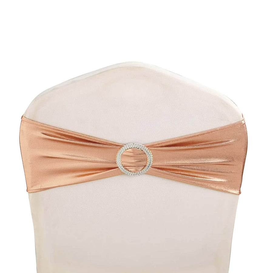 5 pack Metallic Spandex Chair Sashes With Attached Round Diamond Buckles - Rose Gold | Blush