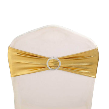 5 Pack Metallic Spandex Chair Sashes Gold - Stretch Fit Chair Bands With Round Diamond Buckles for Glamorous Event Decor