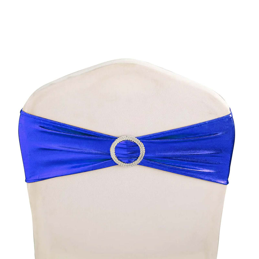 5 pack Metallic Royal Blue Spandex Chair Sashes With Attached Round Diamond Buckles