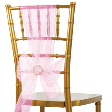 5 Pack Organza Chair Sashes Pink - Reusable Sheer Chair Bows 6"x108"