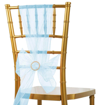 5 Pack Organza Chair Sashes Serenity Blue - Reusable Sheer Chair Bows 6"x108"