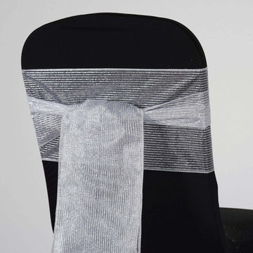 5 Pack Organza Chair Sashes Silver - Sheer Reusable Pinstripe Chair Bows Sparkly Event Décor 7"x108"