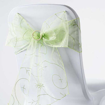 5 Pack Organza Chair Sashes with Satin Leaf Embroidery Apple Green - Reusable Sheer Design 7"x108"