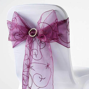 5 Pack Organza Chair Sashes with Satin Leaf Embroidery Eggplant - Reusable Sheer Design 7"x108"