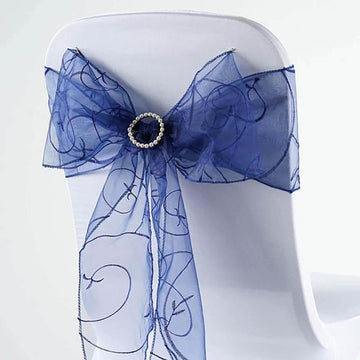 5 Pack Organza Chair Sashes with Satin Leaf Embroidery Navy Blue - Reusable Sheer Design 7"x108"