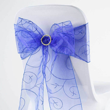 5 Pack Organza Chair Sashes with Satin Leaf Embroidery Royal Blue - Reusable Sheer Design 7"x108"