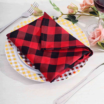 5 Pack Polyester 15"x15" Napkins Black/Red Buffalo Plaid Gingham Style Cloth Napkins