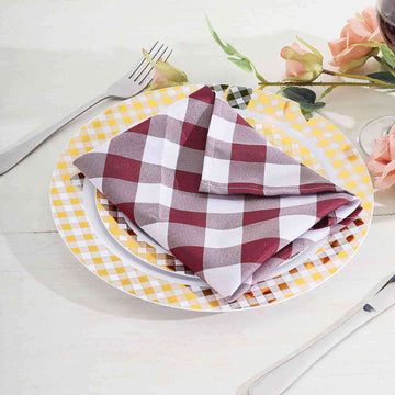 5 Pack Polyester 15"x15" Napkins Burgundy/White Buffalo Plaid Gingham Style Cloth Napkins