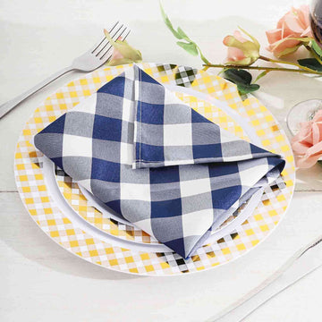 5 Pack Polyester 15"x15" Napkins Navy Blue/White Buffalo Plaid Gingham Style Cloth Napkins