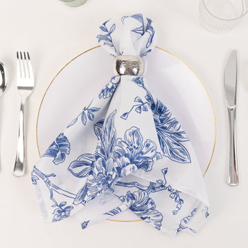 5 Pack Polyester 20"x20" Dinner Napkins White with Blue French Toile Pattern - Reusable Floral Cloth Napkins